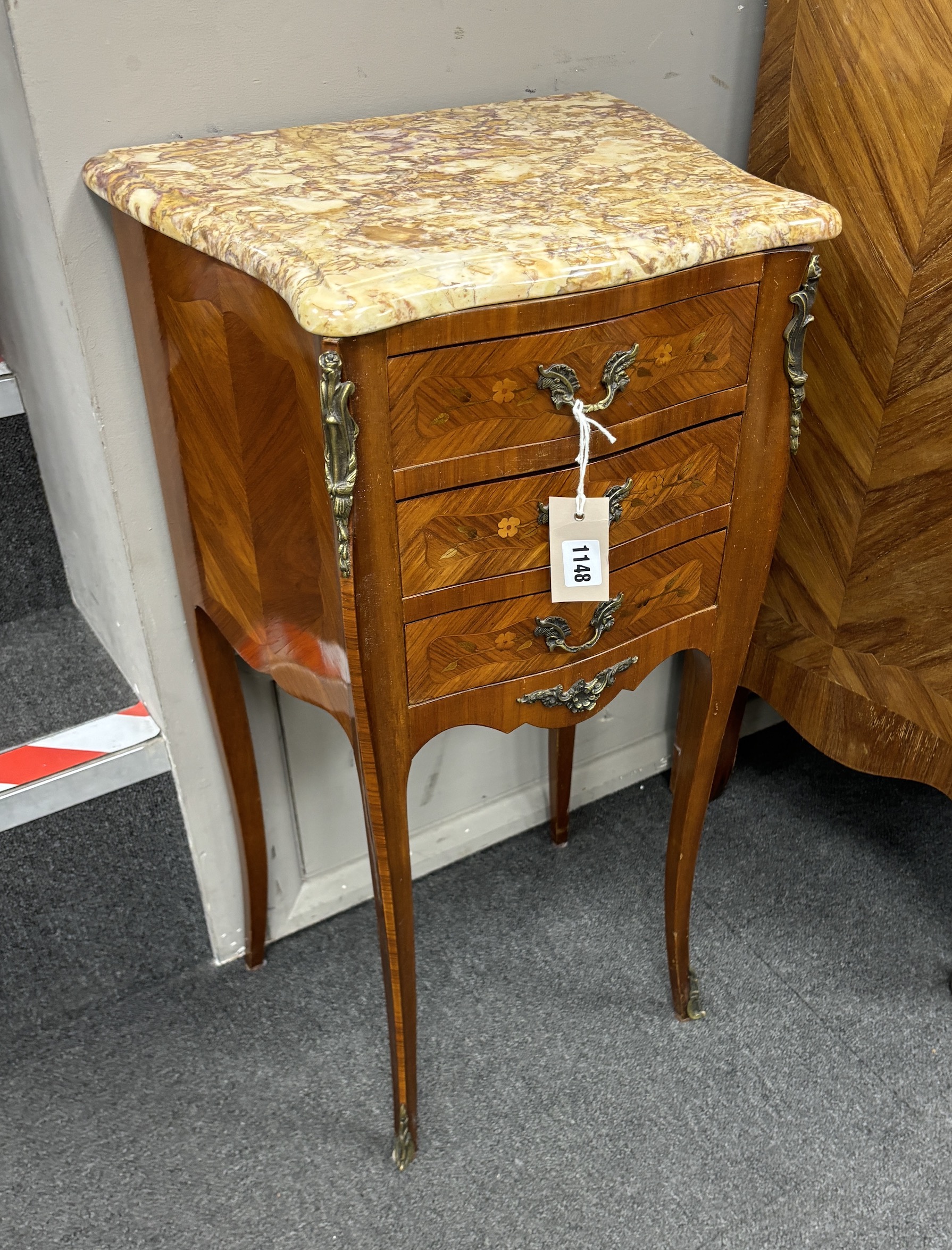 A pair Louis XV style inlaid marble topped three drawer bedside chests, width 40cm, depth 30cm, height 73cm